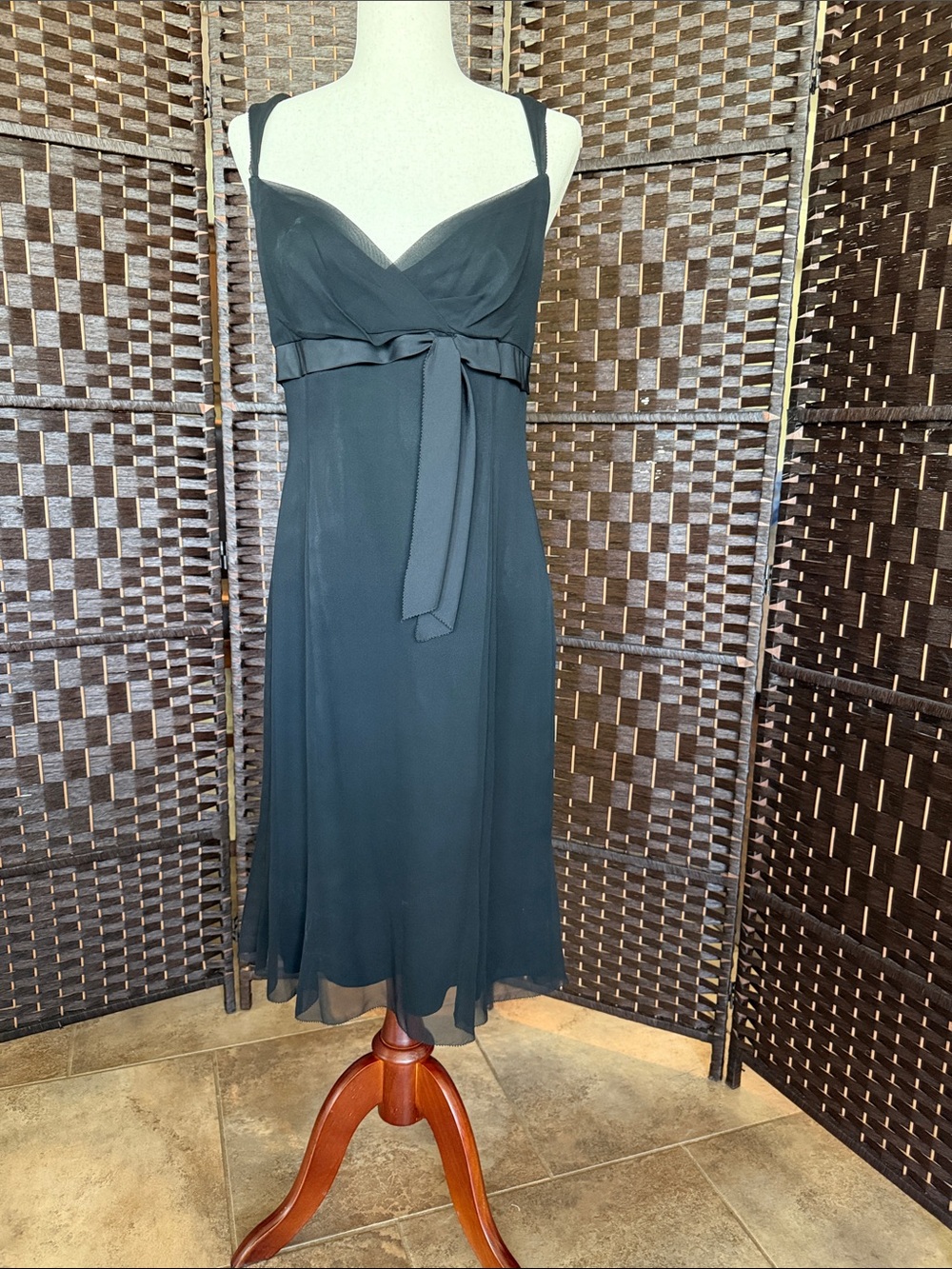Elie Tahari Silk Black Spaghetti-Strap Dress with Front Waist Tie